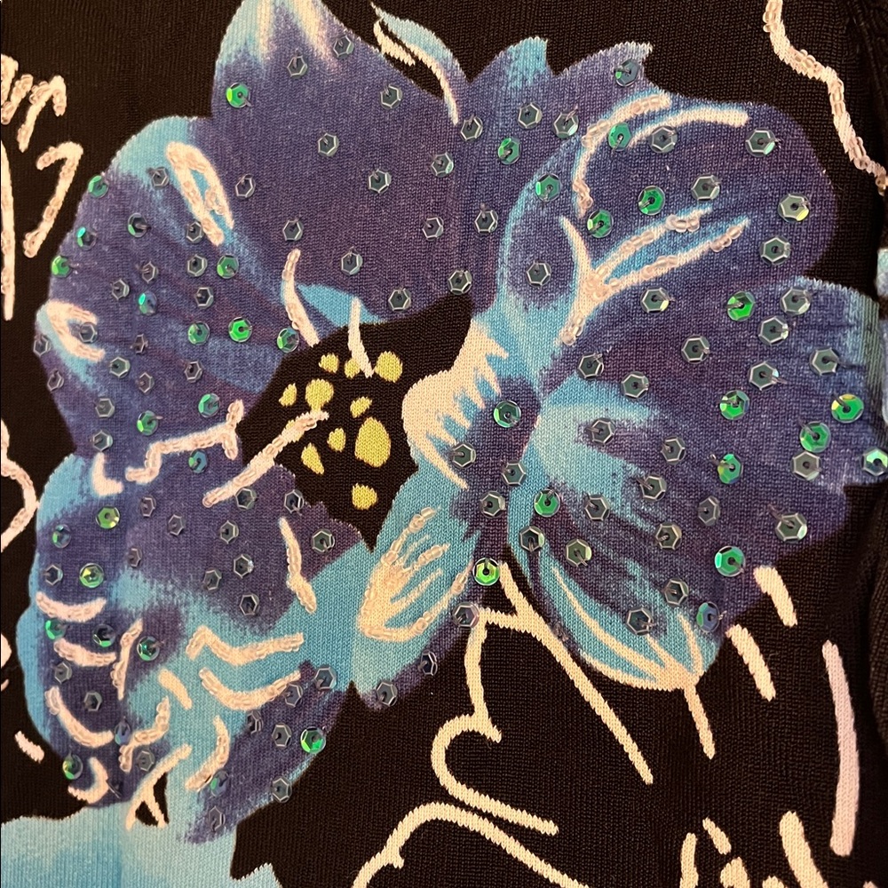 Women’s Black Floral Long-Sleeve Top with Blue & Green Blooms - Picture 4 of 4